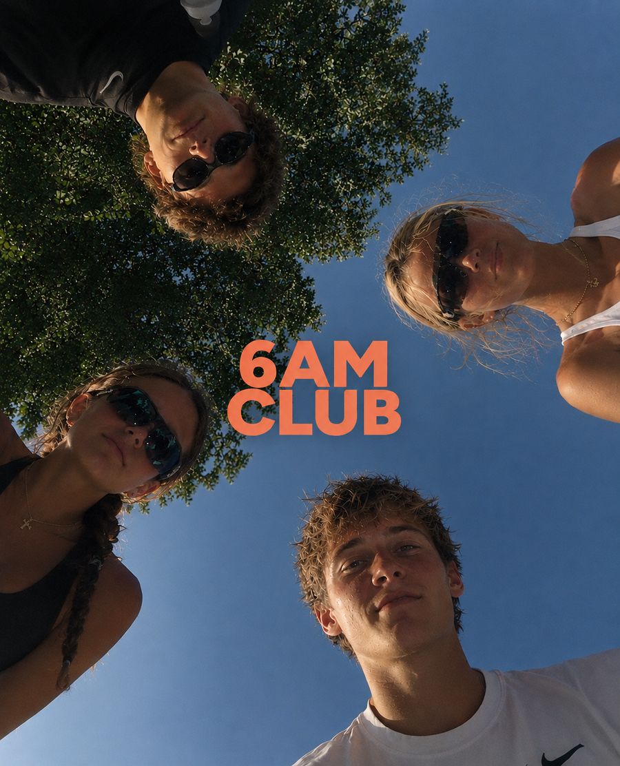 Runners form a circle and look into the camera
